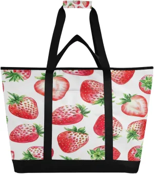Watercolor Strawberries Reusable Insulated Lunchbox Cooler Bag, Leakproof Kitchen Grocery Bag Collapsible Portable Cooler Tote Bag for Picnic, Camping, Office, Travel