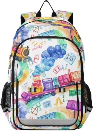 Watercolor Trains Cartoon Backpack for Boys Girls Elementary School Bag Kids Bookbag Travel Rucksack With Reflective Stripes