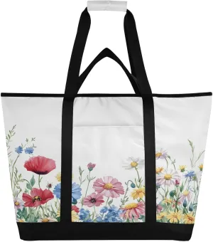Watercolor Wildflowers Reusable Insulated Lunchbox Cooler Bag, Leakproof Kitchen Grocery Bag Collapsible Portable Cooler Tote Bag for Picnic, Camping, Office, Travel