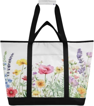 Watercolor Wildflowers Reusable Insulated Lunchbox Cooler Bag, Leakproof Kitchen Grocery Bag Collapsible Portable Cooler Tote Bag for Picnic, Camping, Office, Travel