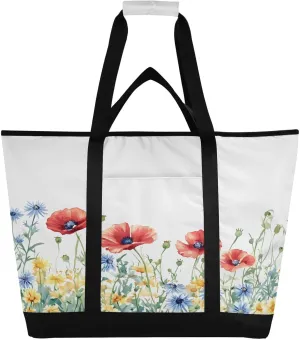 Watercolor Wildflowers Reusable Insulated Lunchbox Cooler Bag, Leakproof Kitchen Grocery Bag Collapsible Portable Cooler Tote Bag for Picnic, Camping, Office, Travel