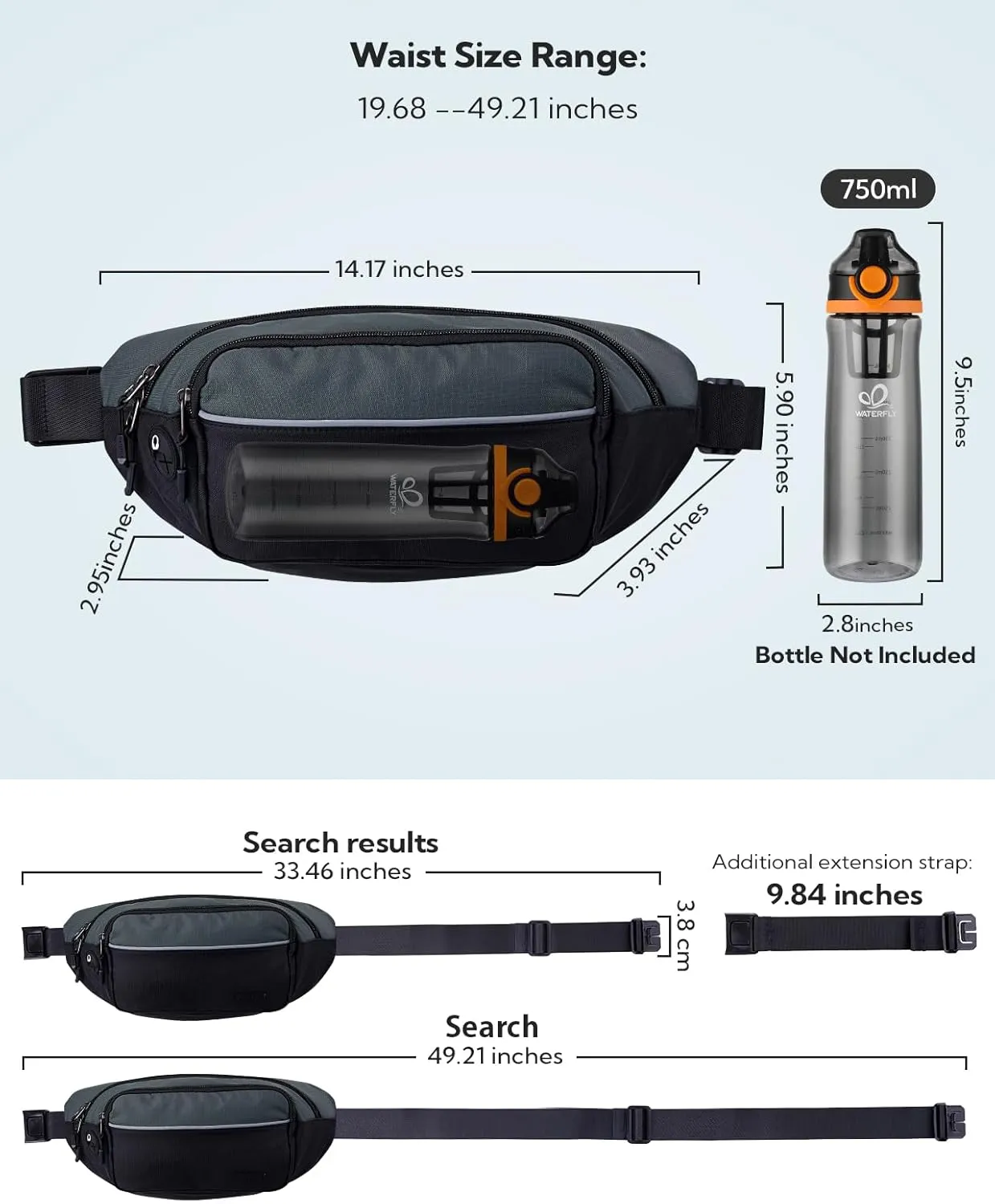 WATERFLY Fanny Pack Waist Bag: Large Waist Packs for Women Men Fashion Crossbody Belt Bags for Hiking Running Travel Walking-Black & Gray