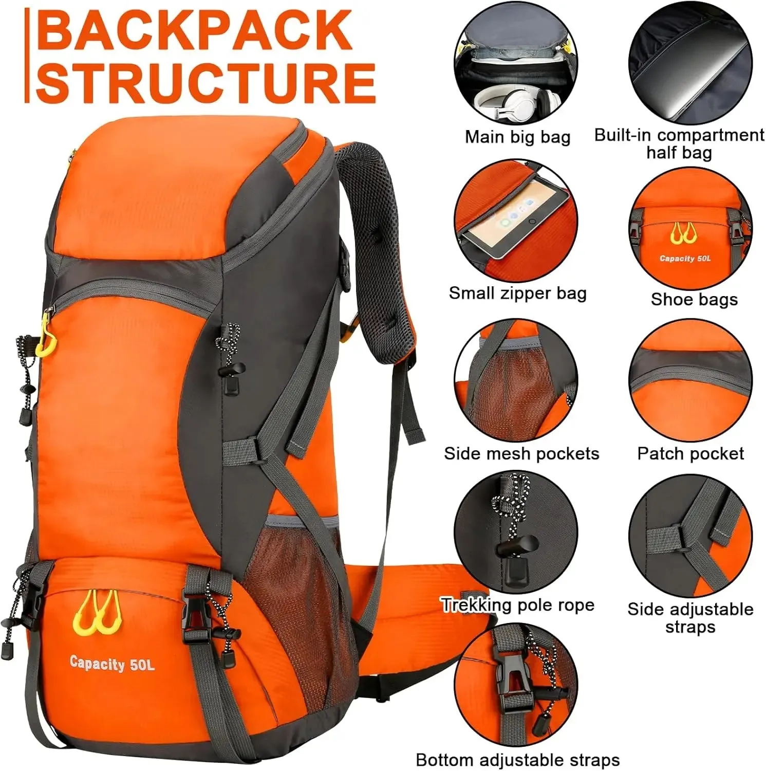 Waterproof 50L Travel Backpack with Rain Cover