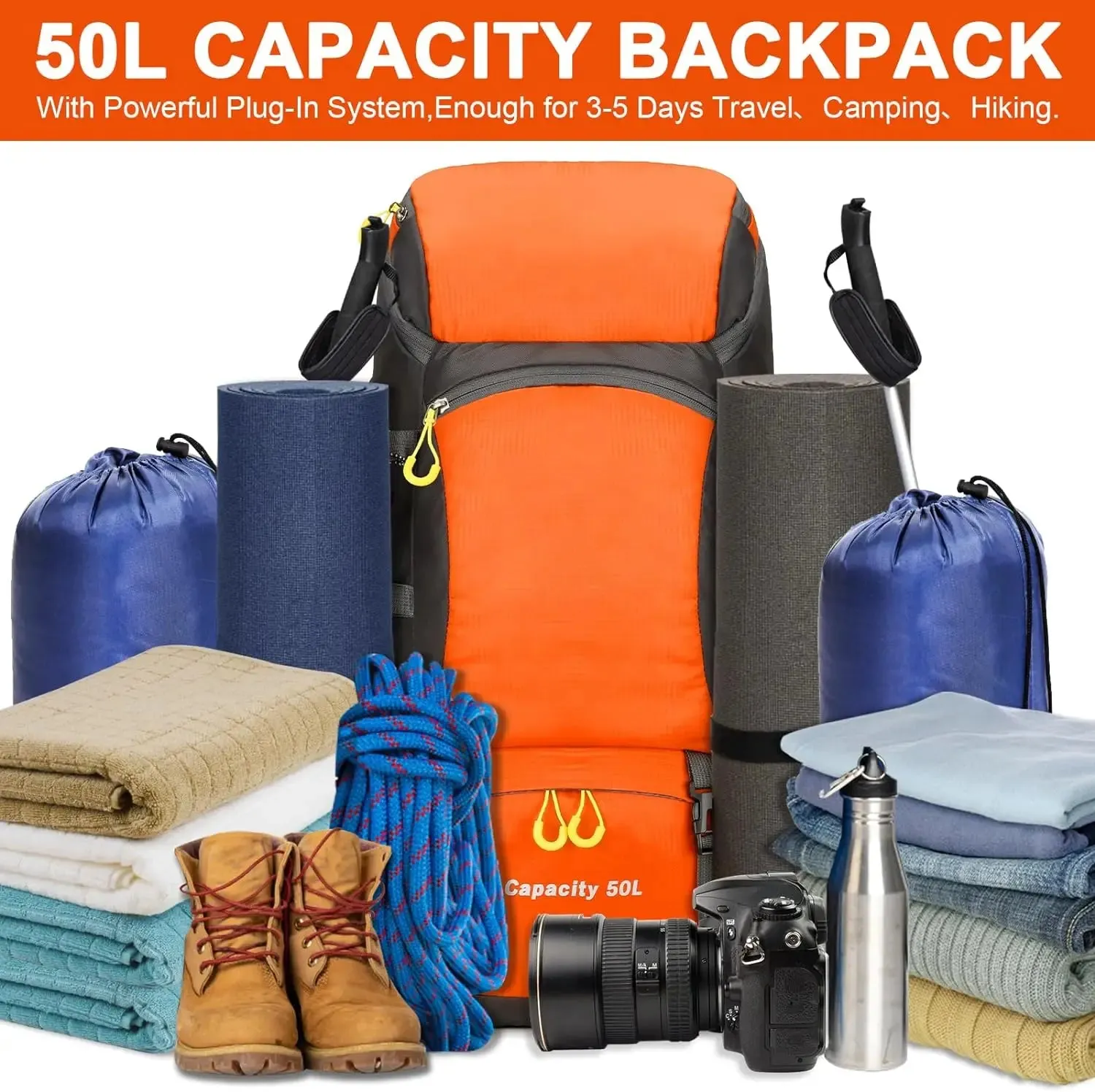 Waterproof 50L Travel Backpack with Rain Cover