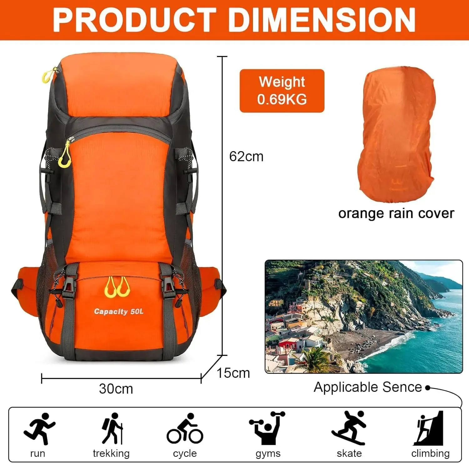 Waterproof 50L Travel Backpack with Rain Cover