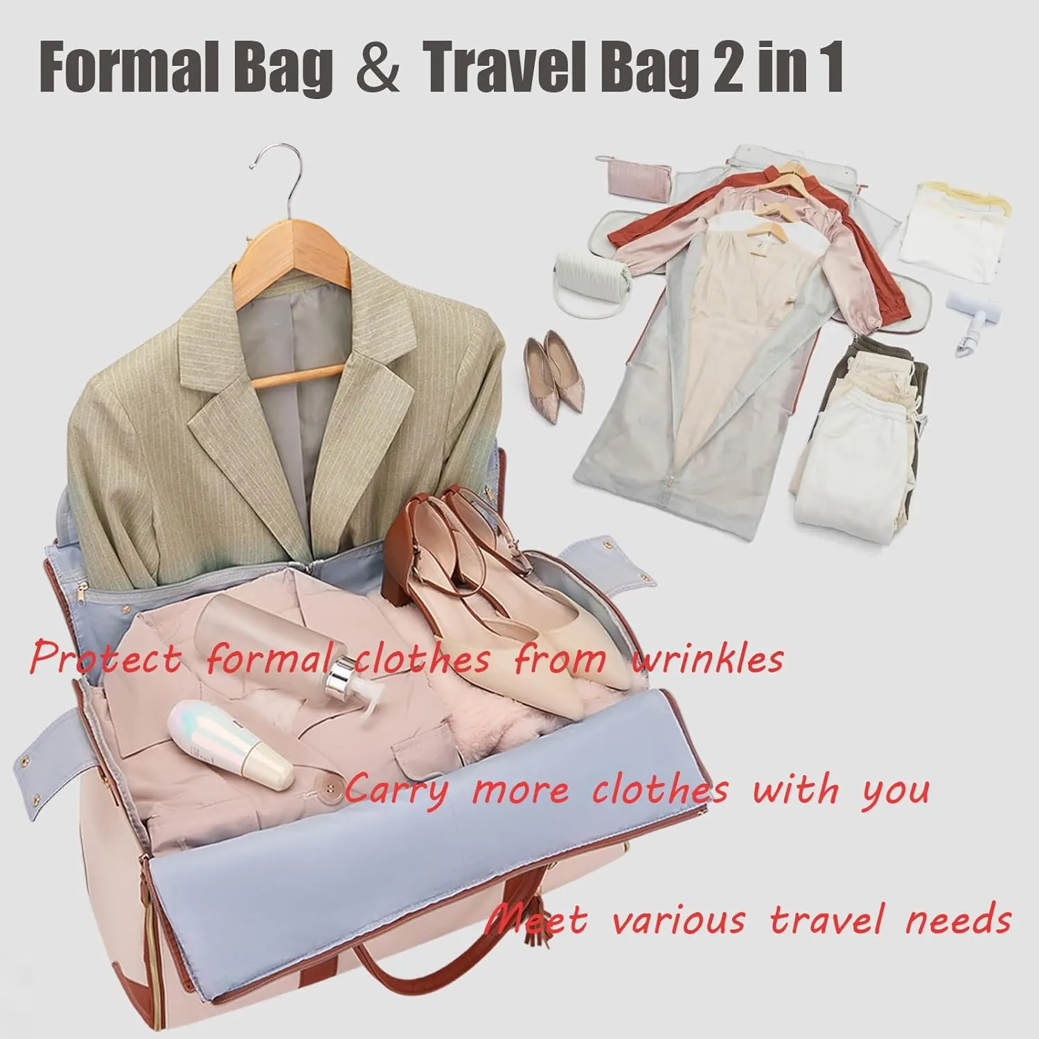 Waterproof Luxe Mega Bag Travel Carry On, PU Leather Luxe Travel Bags for Women, Convertible Garment Bags for Travel for Women (Beige With pulley)
