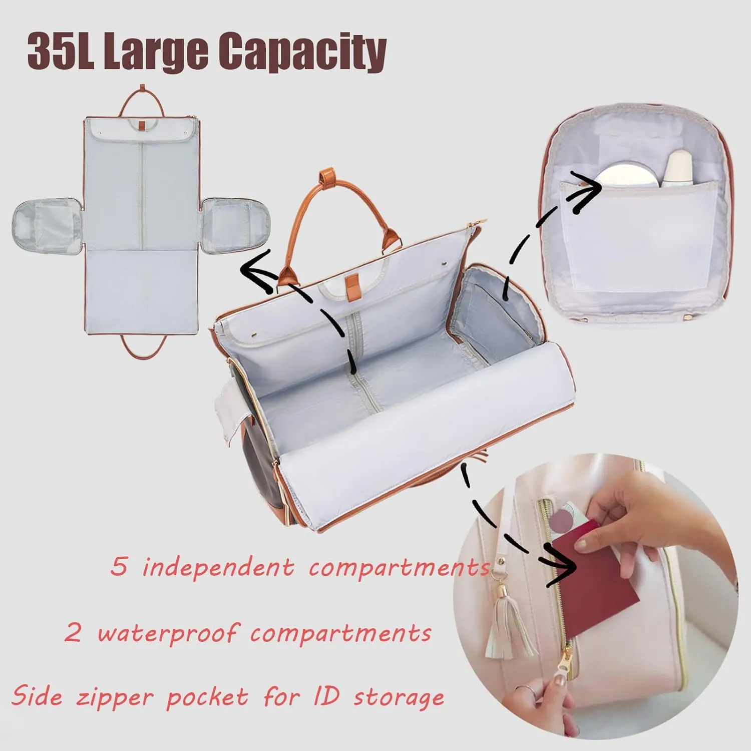 Waterproof Luxe Mega Bag Travel Carry On, PU Leather Luxe Travel Bags for Women, Convertible Garment Bags for Travel for Women (Beige With pulley)