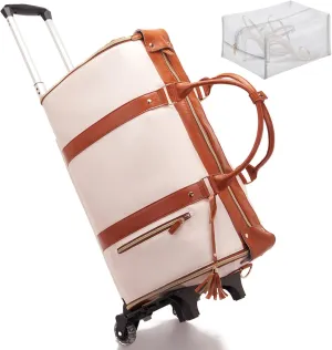 Waterproof Luxe Mega Bag Travel Carry On, PU Leather Luxe Travel Bags for Women, Convertible Garment Bags for Travel for Women (Beige With pulley)