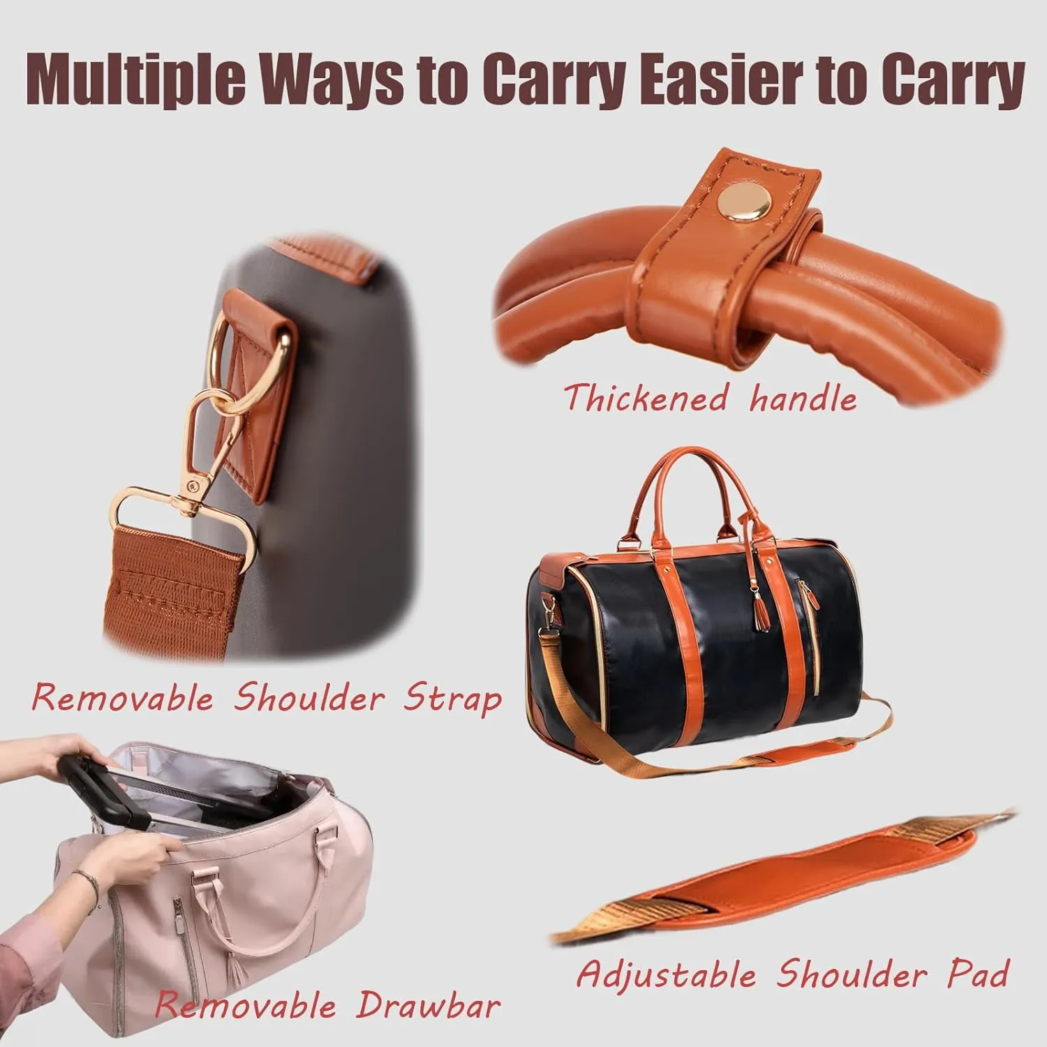 Waterproof Luxe Mega Bag Travel Carry On, PU Leather Luxe Travel Bags for Women, Convertible Garment Bags for Travel for Women (Beige With pulley)