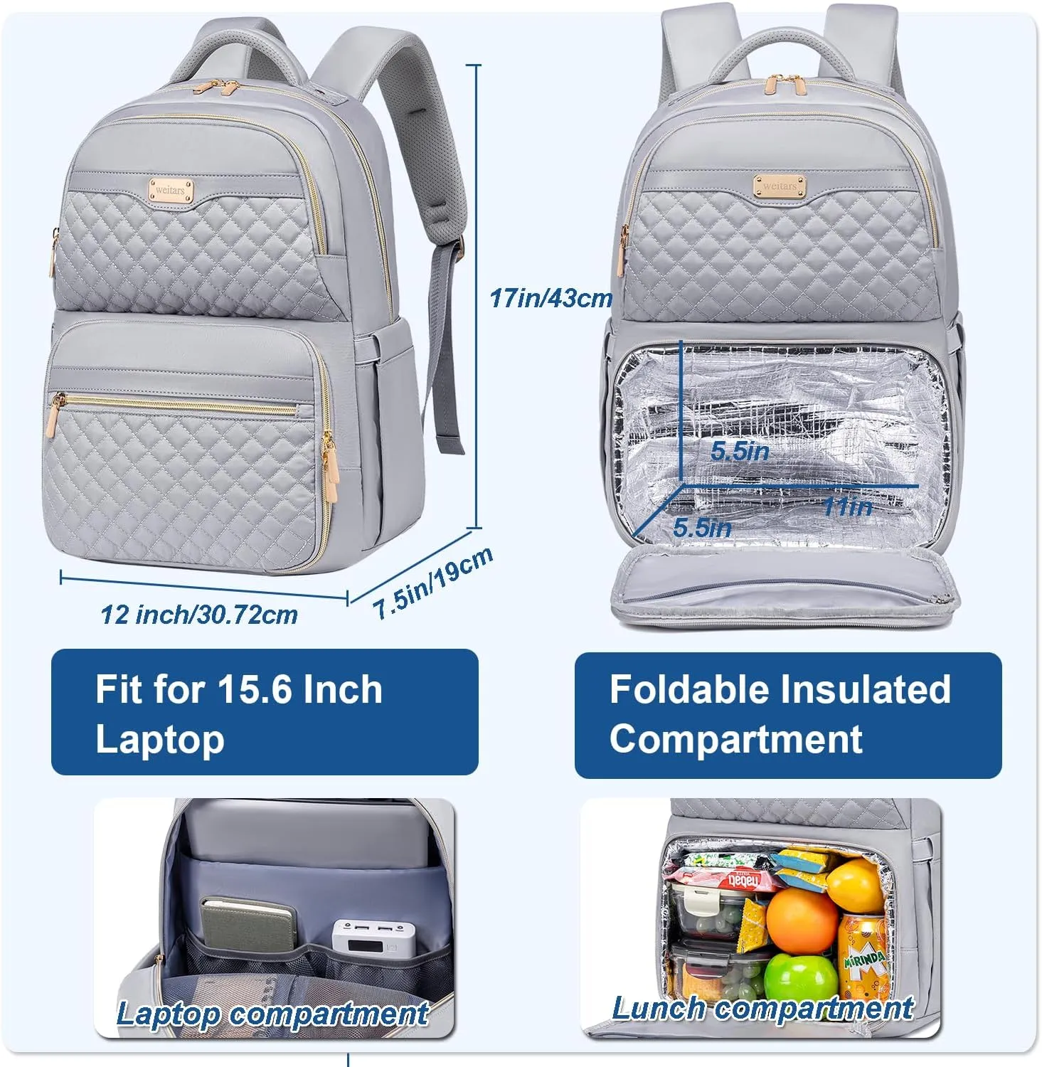 Weitars Lunch Backpack, Insulated Cooler Backpack 15.6 Inch Laptop Backpack For Women Men For Women Nurses Teacher Gifts for College Work Beach Camping Picnics Travel