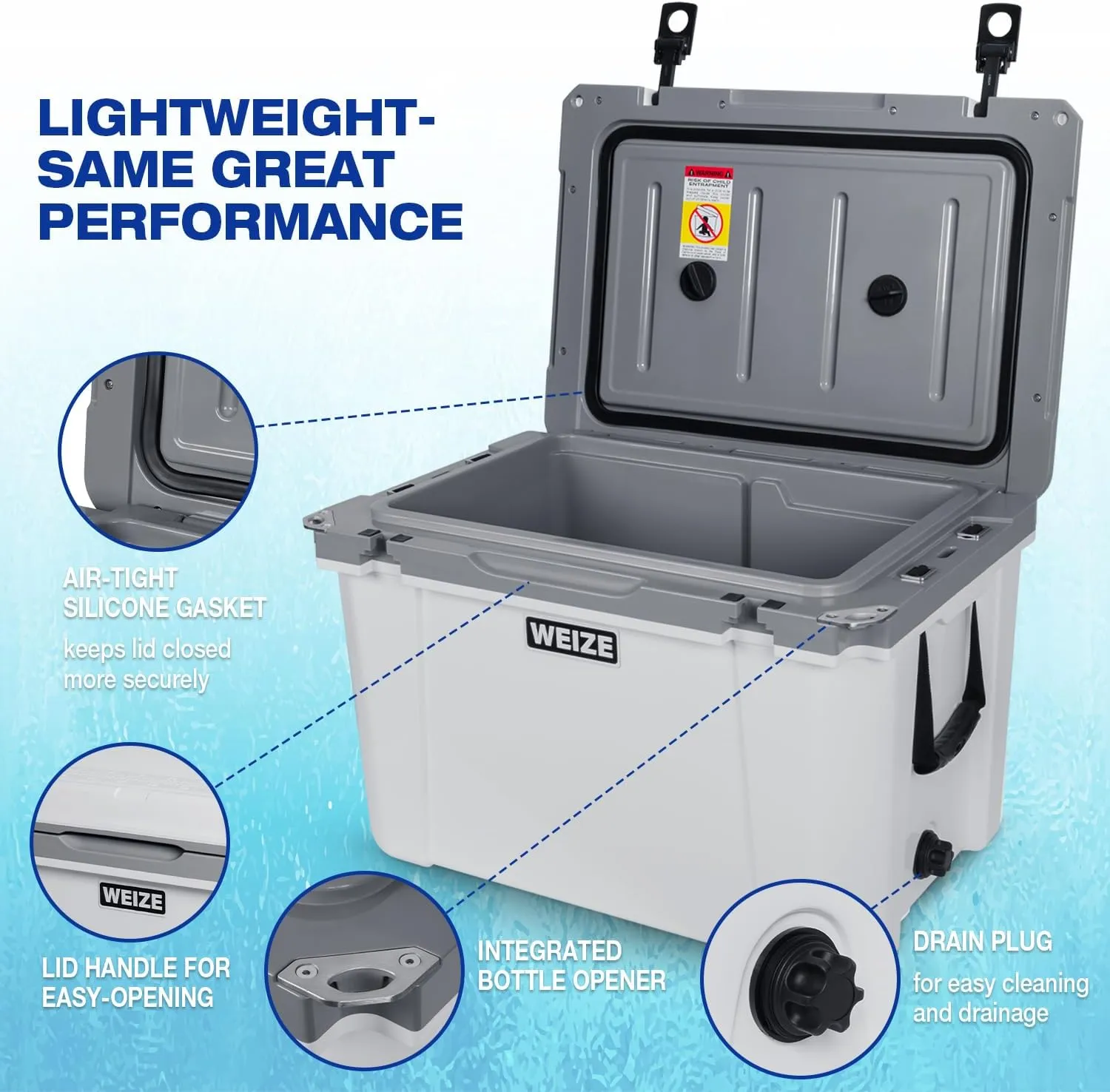 WEIZE Ultra-Light 55 Quart Hard Cooler Insulated Portable Ice Chest Box with Bottle Opener, Keeps Cold up to 7 Days for Beach, Drink, Beverage, Camping, Picnic, Fishing, Boat, Barbecue