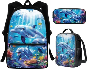 WELLFLYHOM 3 Pcs Dolphin School Backpack Purse for Girls Elementary Bookbag with Lunch Box Pencil Case Cute School Bag Rucksack for Primary Middle Kids Bagpack Satchel for Daycare Rucksack