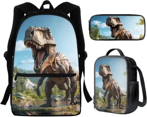 WELLFLYHOM Dinosaur Backpack for Kids 5-7 8-10 11-13 3D School Bag for Elementary Boys Dino Bookbag with Lunch Box Pencil Case Middle Preschool Back Packs Satchel Casual Daypack School Supplies