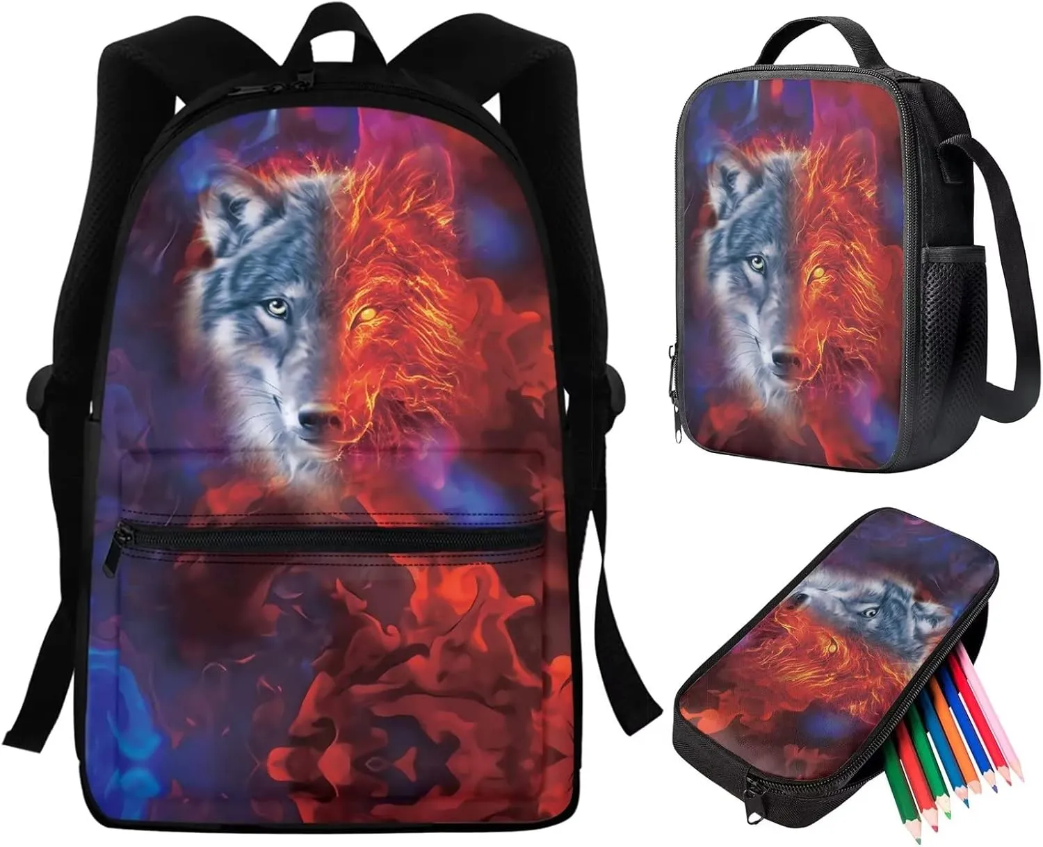 WELLFLYHOM Flame Wolf School Backpack Bookbag for Boys Elementary School Bag with Insulated Thermal Lunch Boxes Tote Bag for Kids Pencil Case Teenagers Bagpack Rucksack for School Daycare