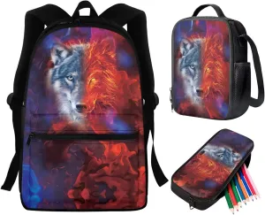 WELLFLYHOM Flame Wolf School Backpack Bookbag for Boys Elementary School Bag with Insulated Thermal Lunch Boxes Tote Bag for Kids Pencil Case Teenagers Bagpack Rucksack for School Daycare