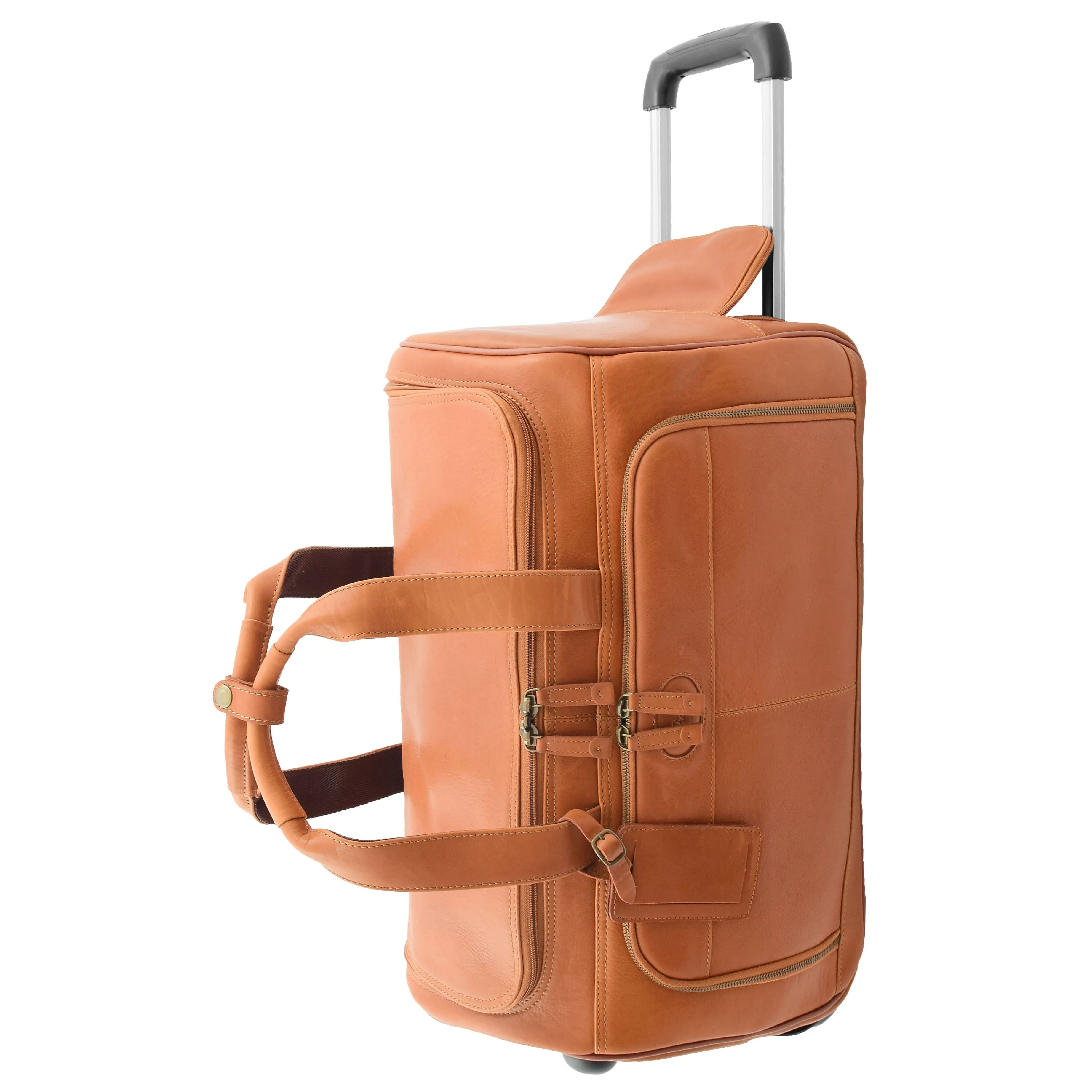 Wheeled Tan Leather Holdall Telescopic Handle Travel Duffle Ozwald