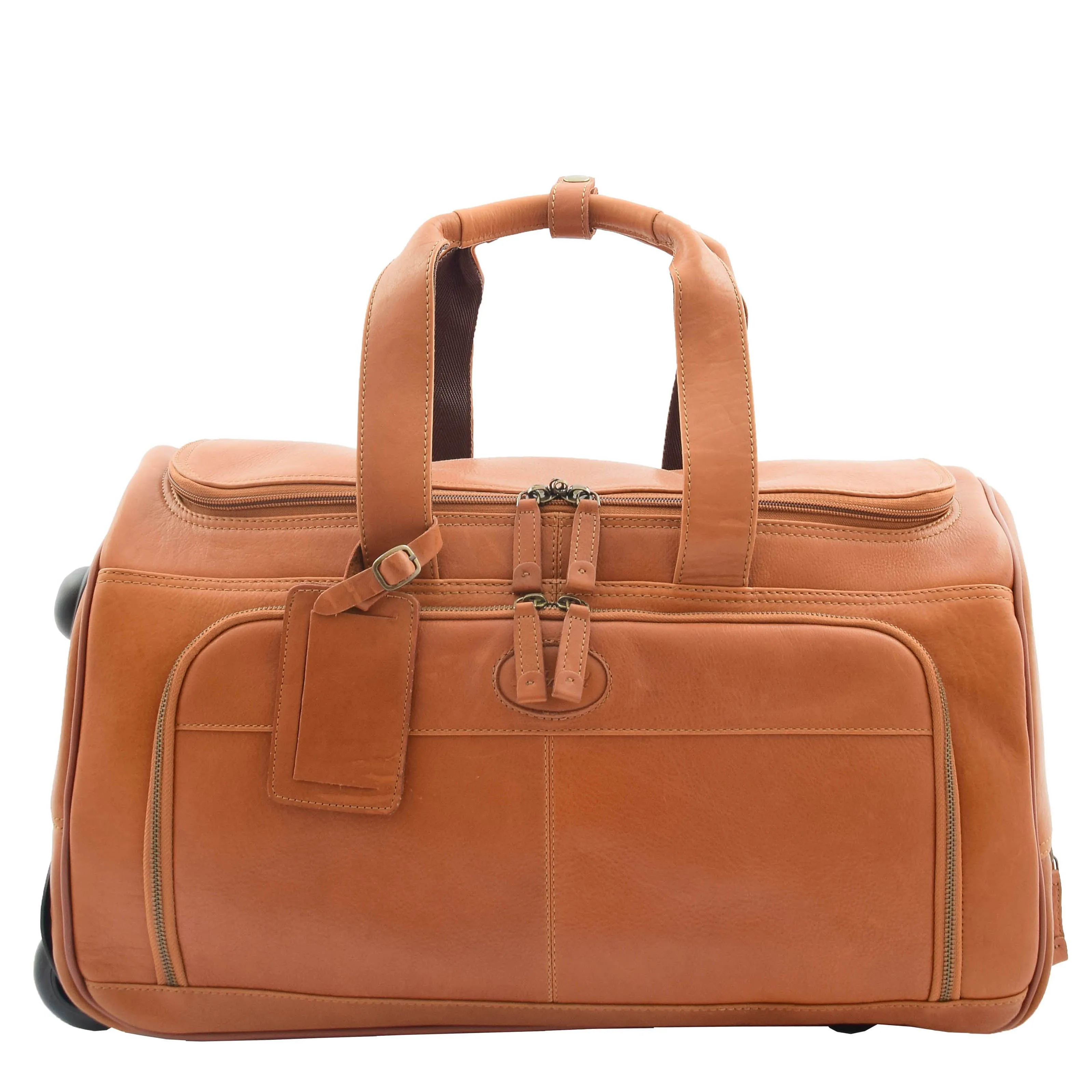 Wheeled Tan Leather Holdall Telescopic Handle Travel Duffle Ozwald