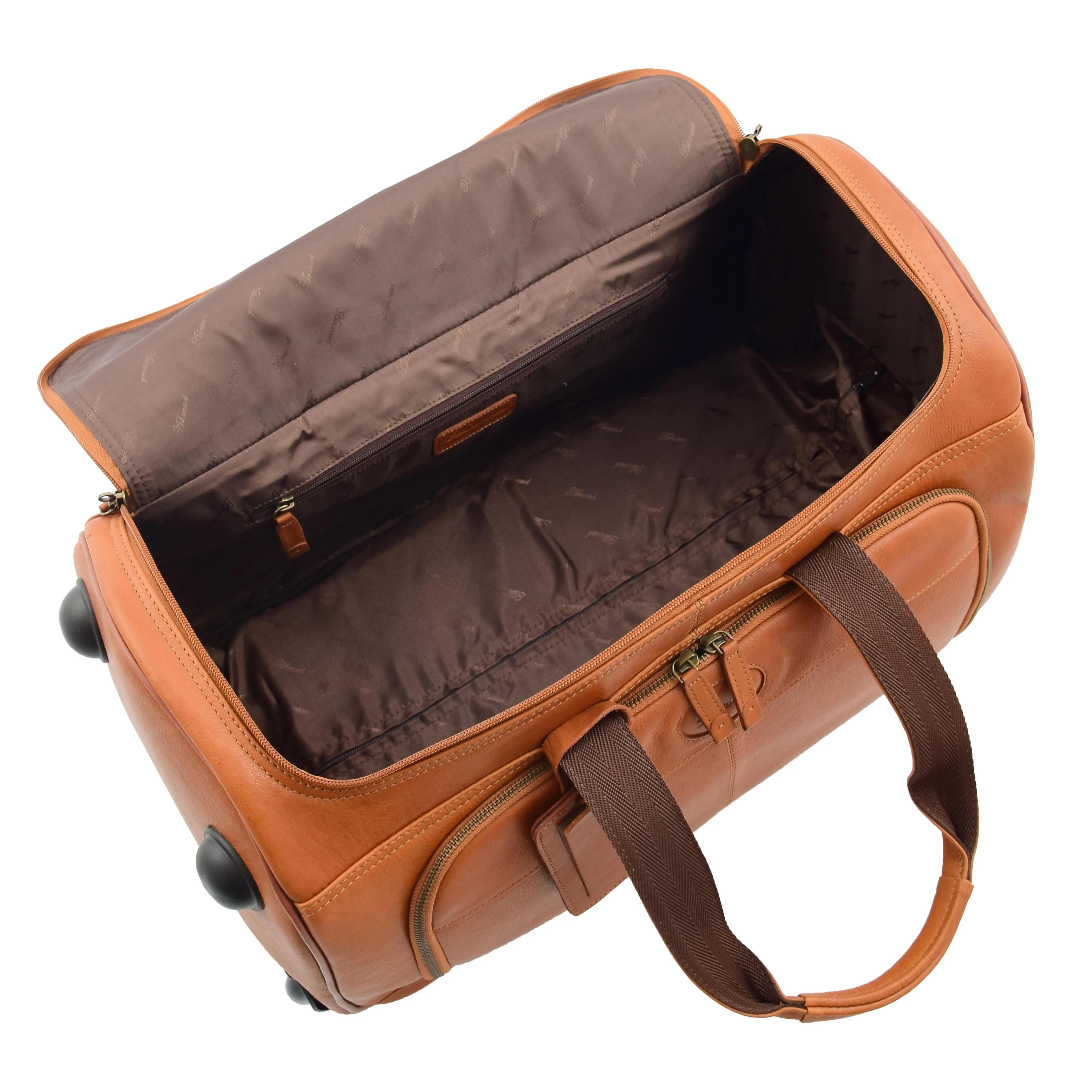 Wheeled Tan Leather Holdall Telescopic Handle Travel Duffle Ozwald