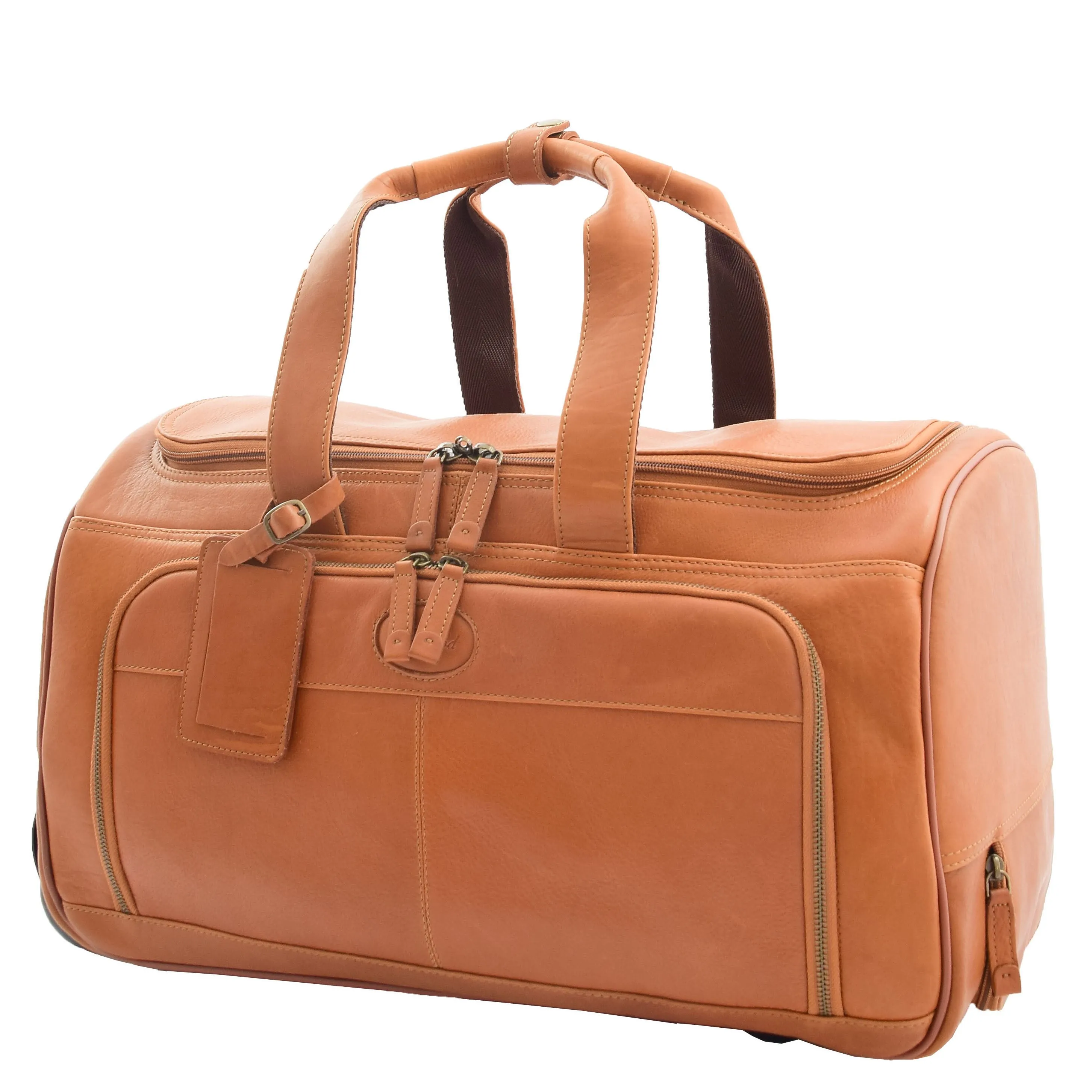 Wheeled Tan Leather Holdall Telescopic Handle Travel Duffle Ozwald