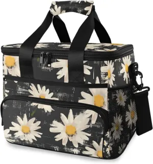 White Daisy Flowers Black Cooler Bag Insulated Cooler Soft Sided Cooler 24 Can Portable Picnic Bag Large Leakproof Lunch Bag Box for Beach Grocery Camping Travel Car Men Women