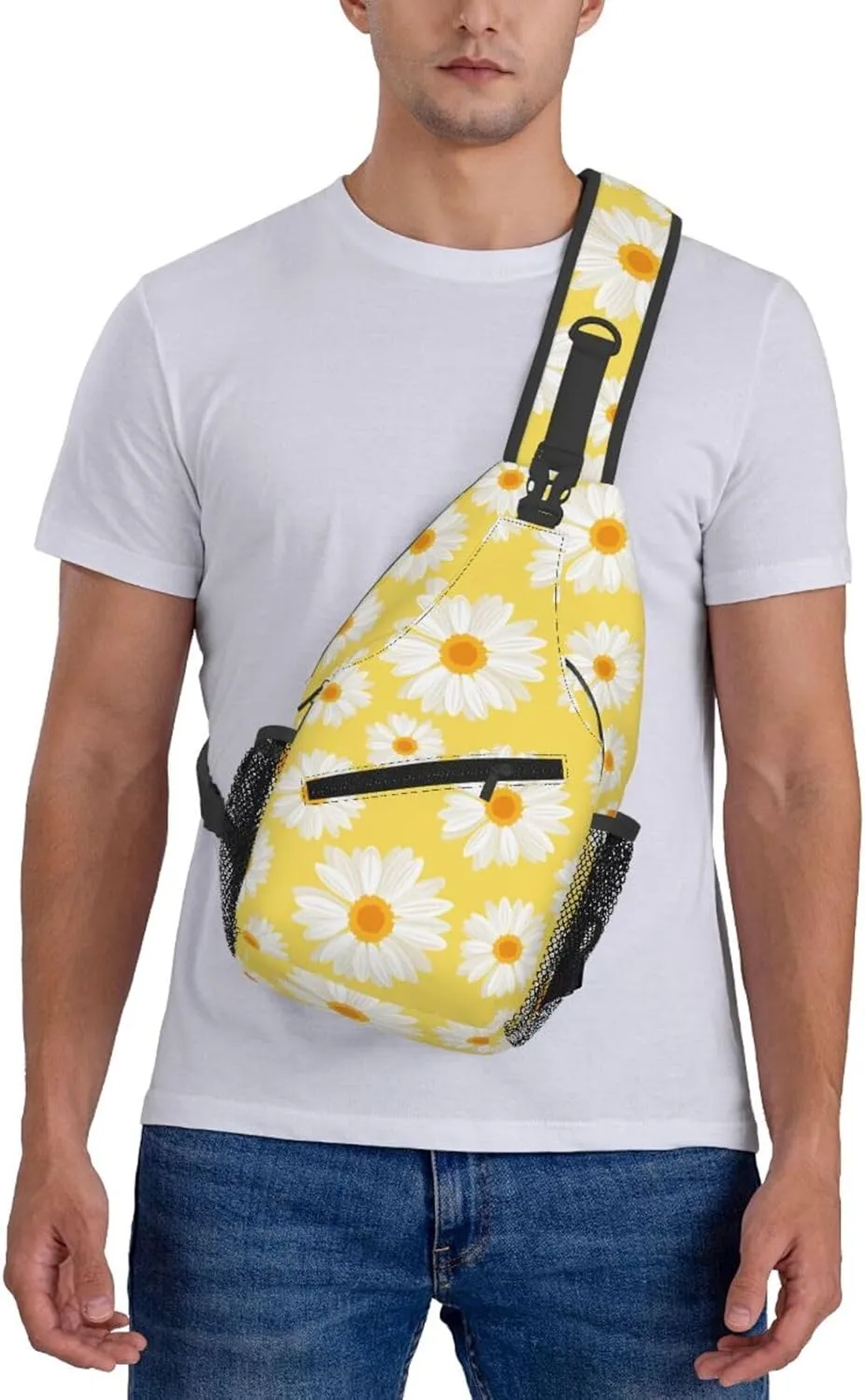 White Daisy Flowers Yellow Cross Chest Bag Diagonally Hiking Crossbody Bag Travel Shoulder Daypack Lightweight Sling Backpack Cycling Daypacks Fitness Chest Backpacks