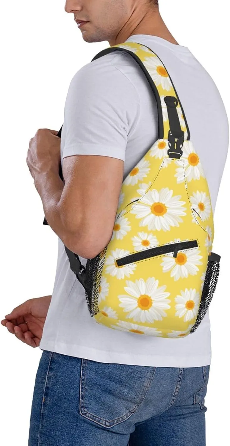 White Daisy Flowers Yellow Cross Chest Bag Diagonally Hiking Crossbody Bag Travel Shoulder Daypack Lightweight Sling Backpack Cycling Daypacks Fitness Chest Backpacks