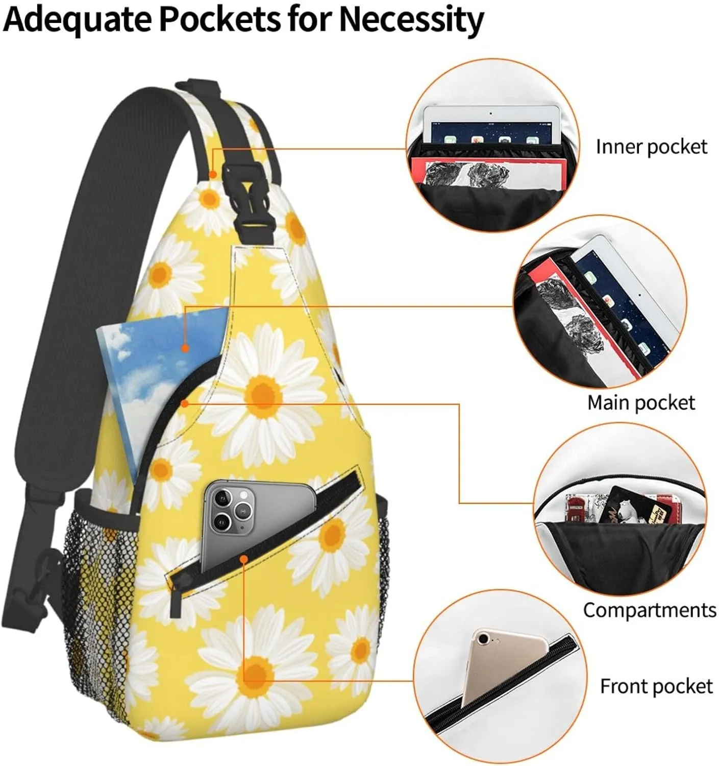 White Daisy Flowers Yellow Cross Chest Bag Diagonally Hiking Crossbody Bag Travel Shoulder Daypack Lightweight Sling Backpack Cycling Daypacks Fitness Chest Backpacks