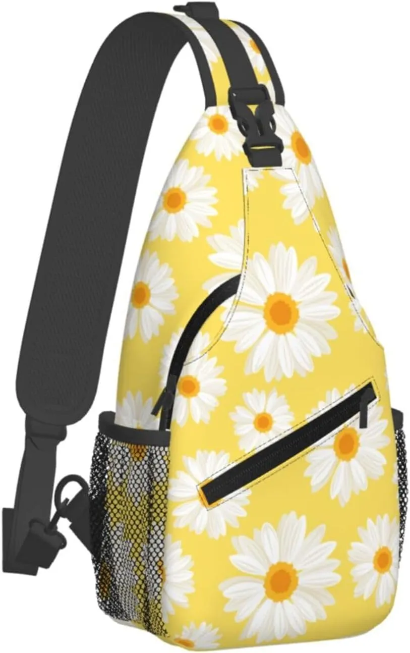 White Daisy Flowers Yellow Cross Chest Bag Diagonally Hiking Crossbody Bag Travel Shoulder Daypack Lightweight Sling Backpack Cycling Daypacks Fitness Chest Backpacks