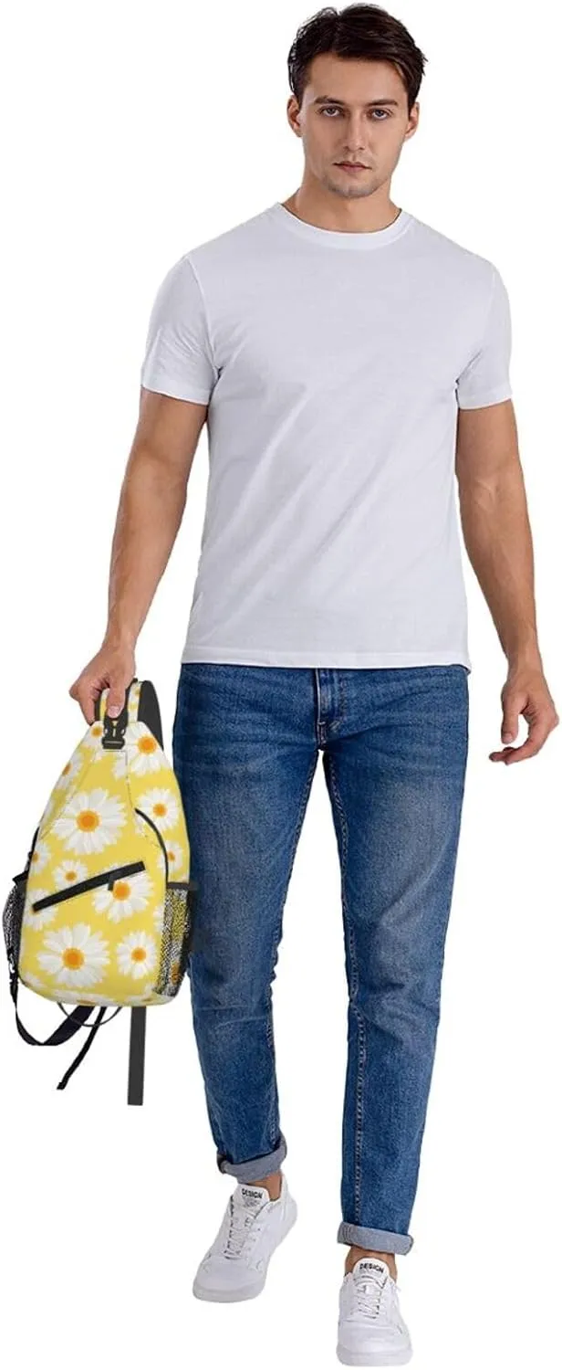 White Daisy Flowers Yellow Cross Chest Bag Diagonally Hiking Crossbody Bag Travel Shoulder Daypack Lightweight Sling Backpack Cycling Daypacks Fitness Chest Backpacks