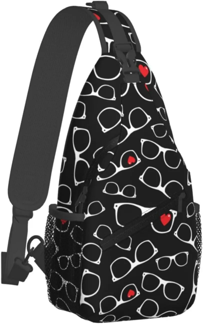 White Glasses Red Hearts Cross Chest Bag Diagonally Hiking Crossbody Bag Travel Shoulder Daypack Lightweight Sling Backpack Cycling Daypacks Fitness Chest Backpacks