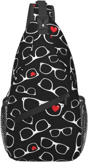 White Glasses Red Hearts Cross Chest Bag Diagonally Hiking Crossbody Bag Travel Shoulder Daypack Lightweight Sling Backpack Cycling Daypacks Fitness Chest Backpacks