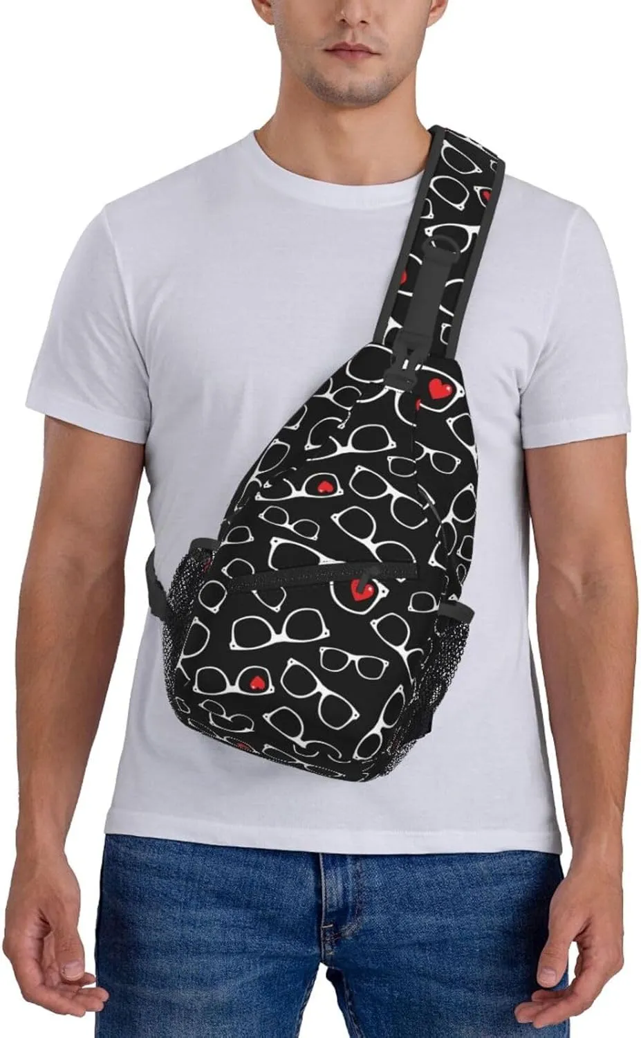 White Glasses Red Hearts Cross Chest Bag Diagonally Hiking Crossbody Bag Travel Shoulder Daypack Lightweight Sling Backpack Cycling Daypacks Fitness Chest Backpacks