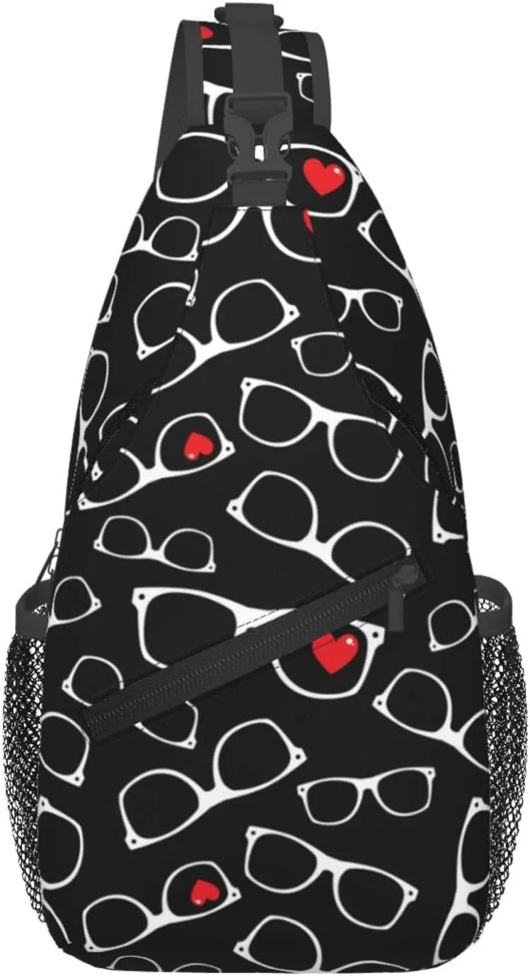 White Glasses Red Hearts Cross Chest Bag Diagonally Hiking Crossbody Bag Travel Shoulder Daypack Lightweight Sling Backpack Cycling Daypacks Fitness Chest Backpacks