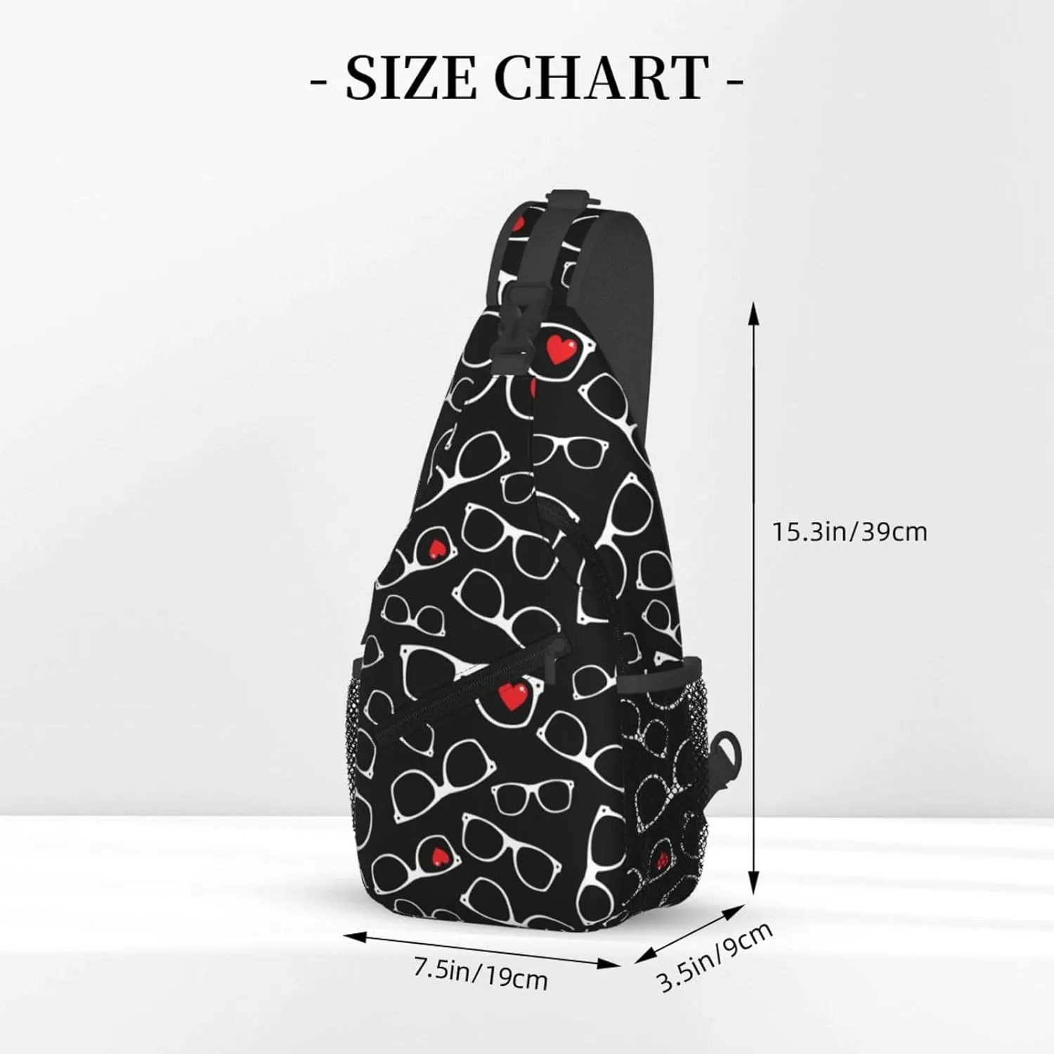 White Glasses Red Hearts Cross Chest Bag Diagonally Hiking Crossbody Bag Travel Shoulder Daypack Lightweight Sling Backpack Cycling Daypacks Fitness Chest Backpacks