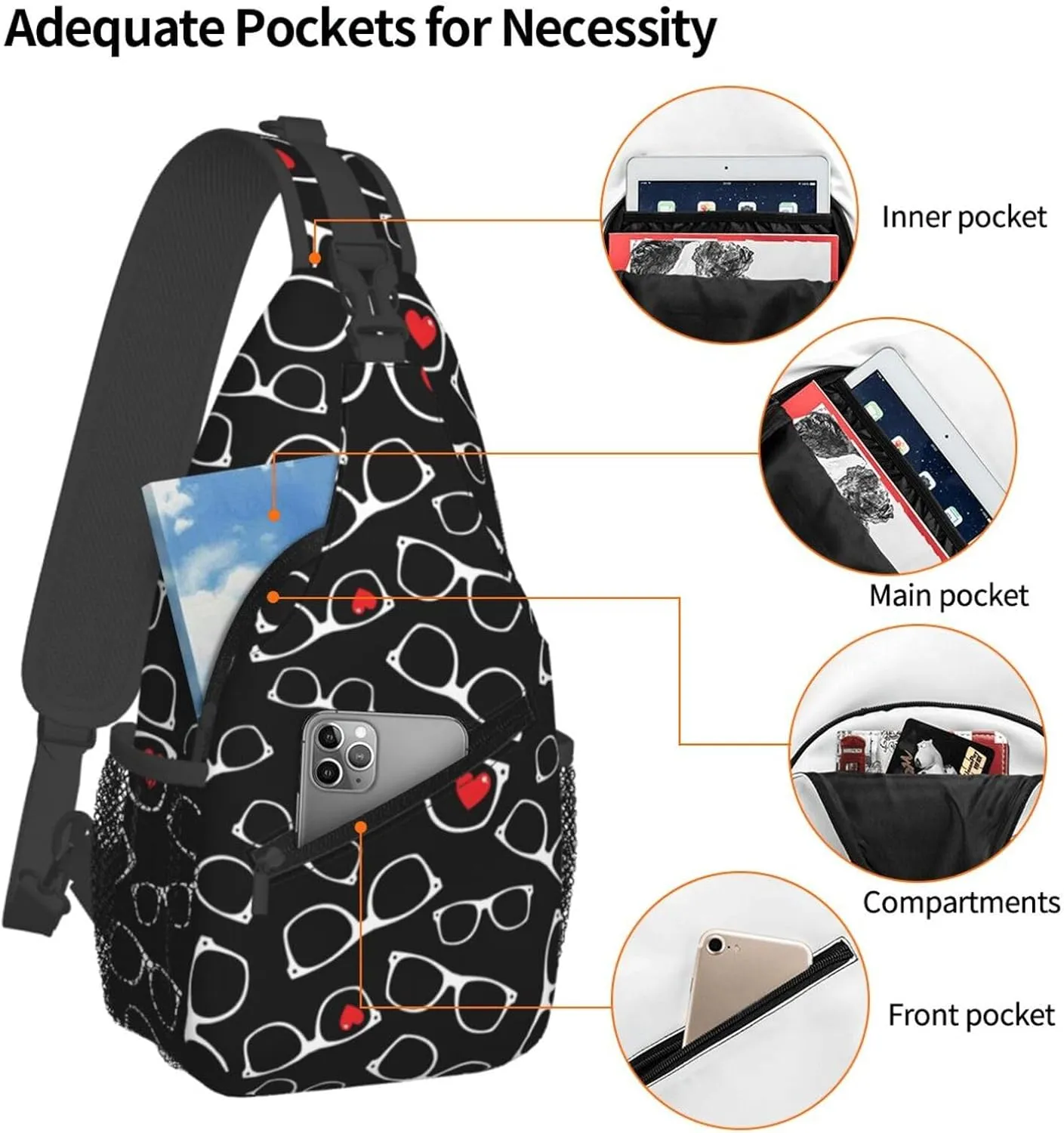 White Glasses Red Hearts Cross Chest Bag Diagonally Hiking Crossbody Bag Travel Shoulder Daypack Lightweight Sling Backpack Cycling Daypacks Fitness Chest Backpacks