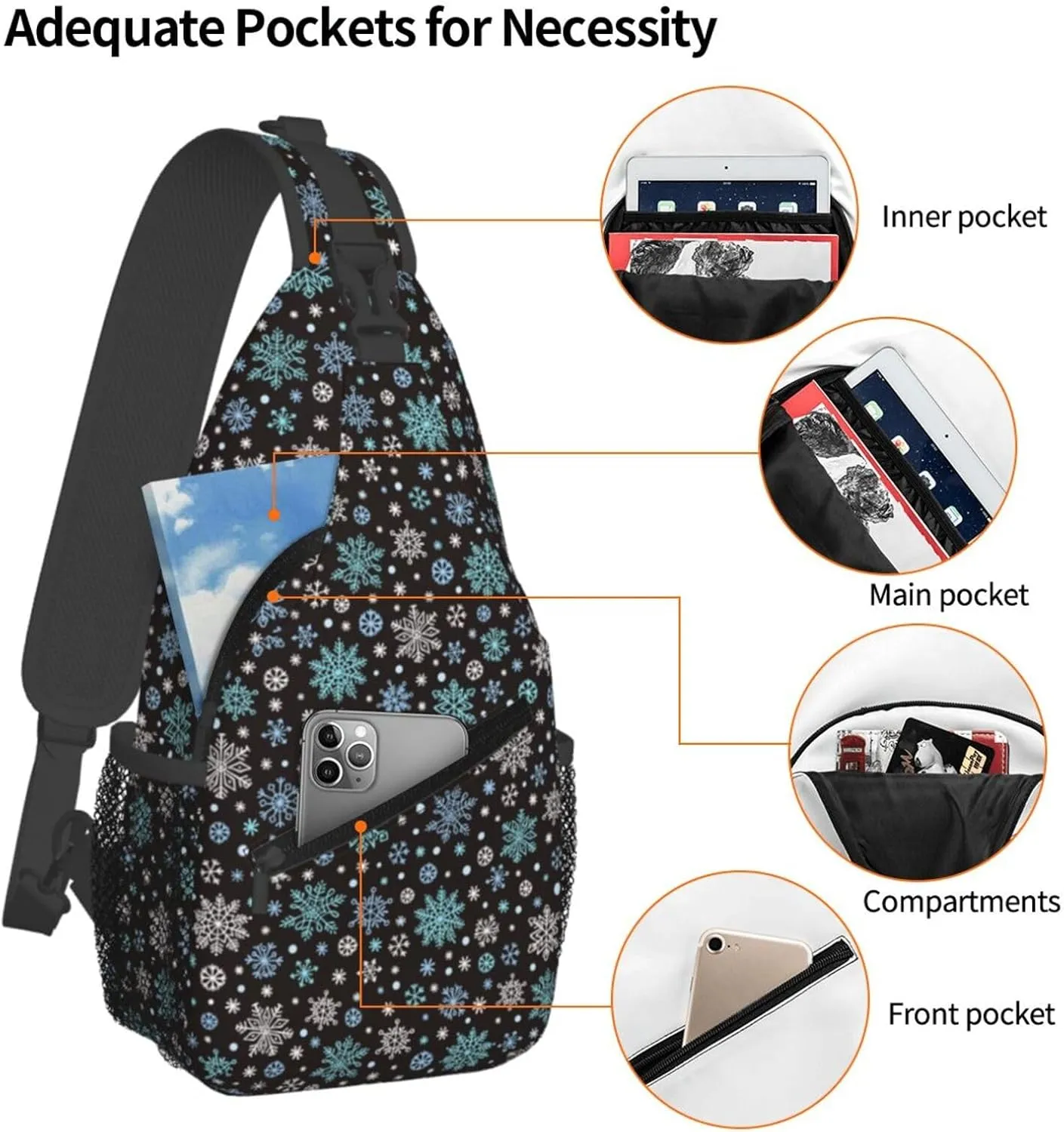 White Green Blue Snowflake Cross Chest Bag Diagonally Hiking Crossbody Bag Travel Shoulder Daypack Lightweight Sling Backpack Cycling Daypacks Fitness Chest Backpacks