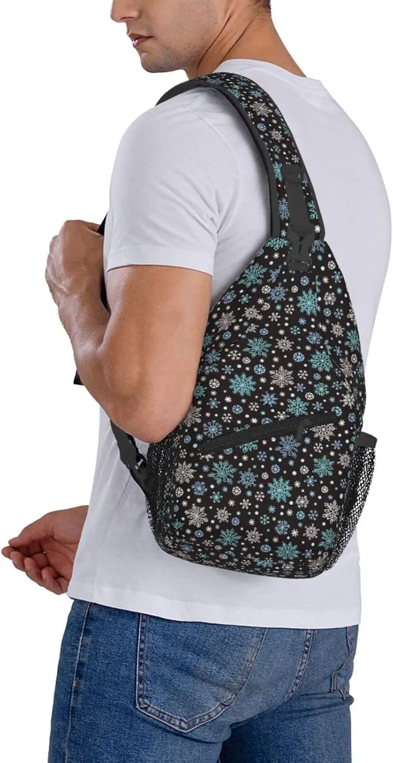 White Green Blue Snowflake Cross Chest Bag Diagonally Hiking Crossbody Bag Travel Shoulder Daypack Lightweight Sling Backpack Cycling Daypacks Fitness Chest Backpacks
