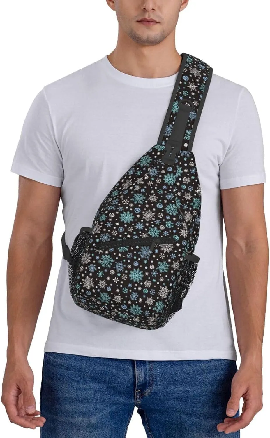 White Green Blue Snowflake Cross Chest Bag Diagonally Hiking Crossbody Bag Travel Shoulder Daypack Lightweight Sling Backpack Cycling Daypacks Fitness Chest Backpacks