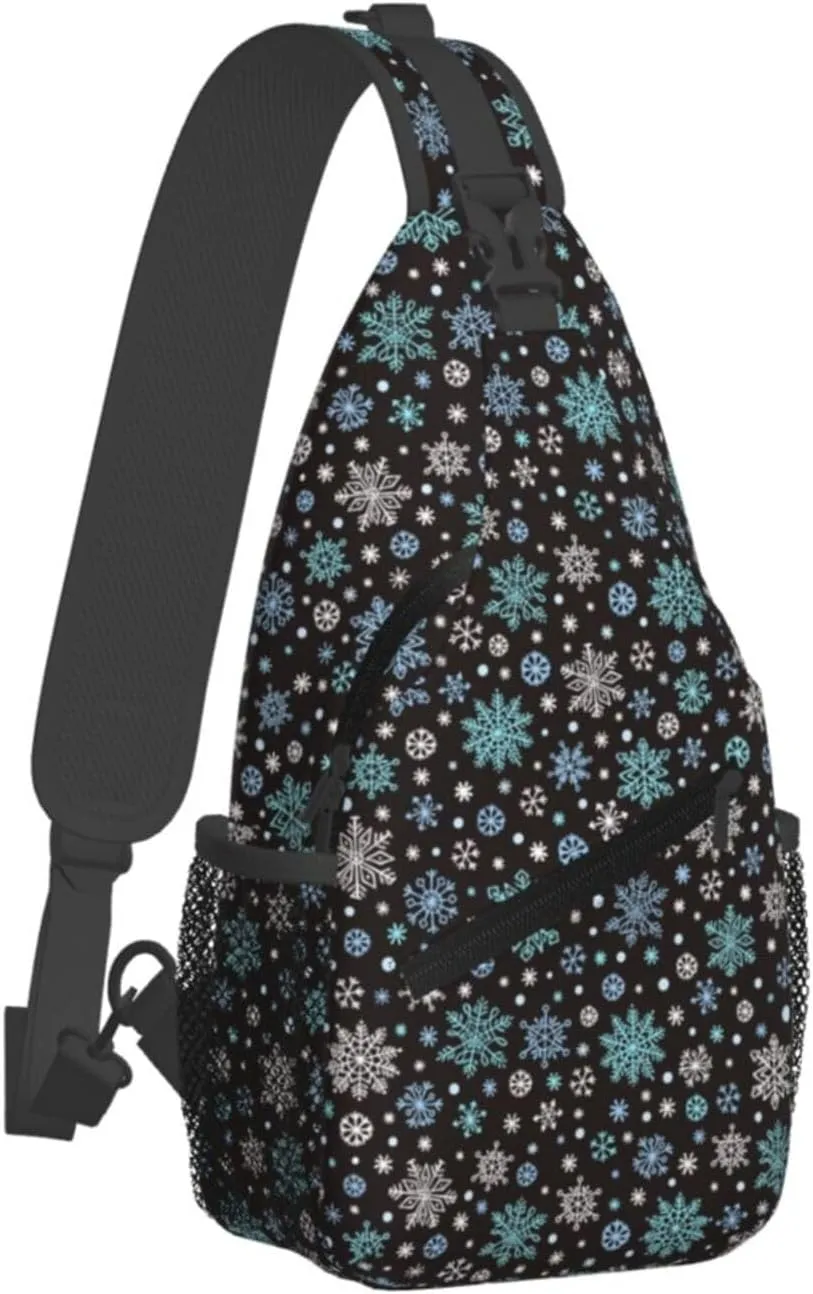 White Green Blue Snowflake Cross Chest Bag Diagonally Hiking Crossbody Bag Travel Shoulder Daypack Lightweight Sling Backpack Cycling Daypacks Fitness Chest Backpacks