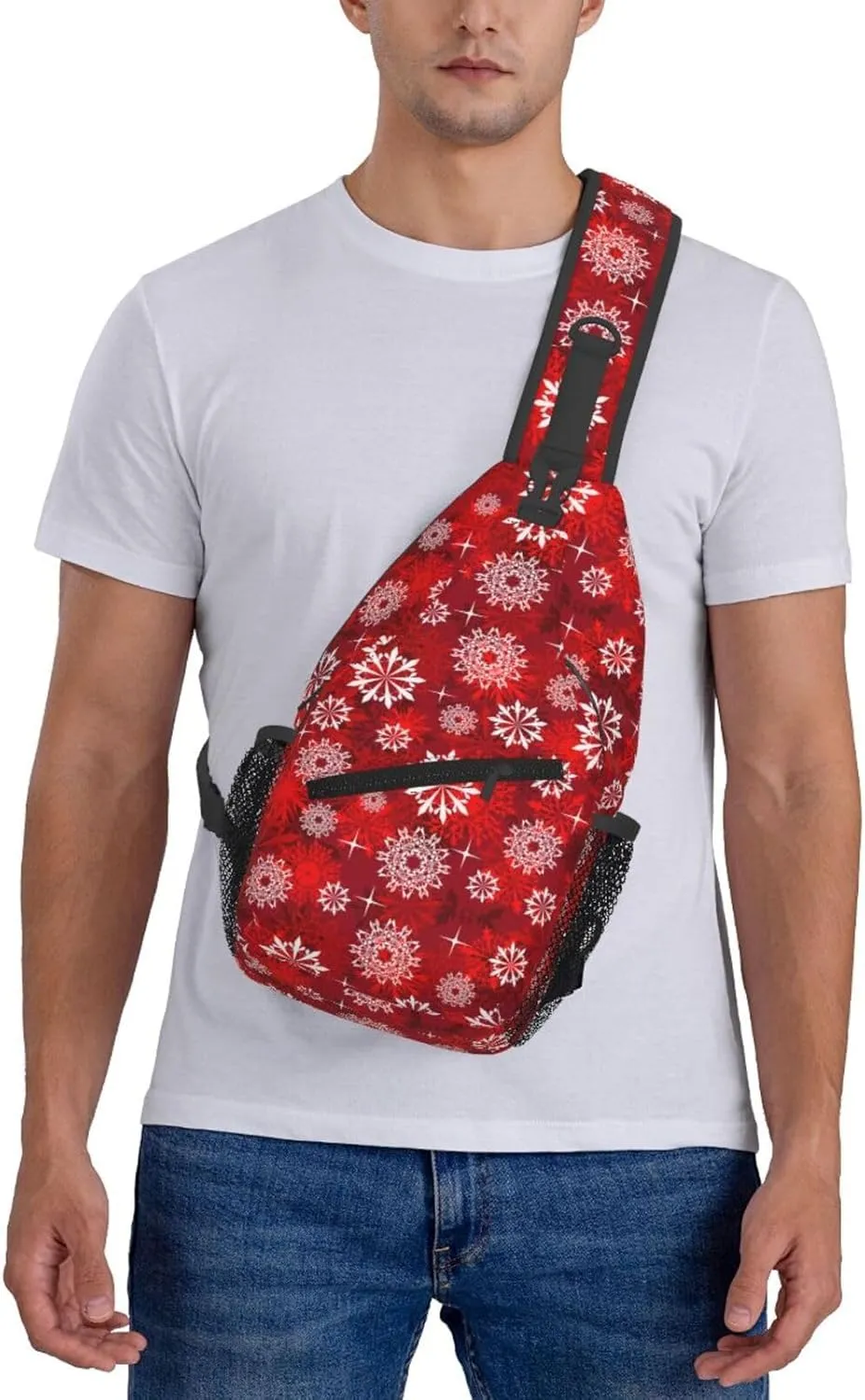 White Red Snowflakes Christmas Cross Chest Bag Diagonally Hiking Crossbody Bag Travel Shoulder Daypack Lightweight Sling Backpack Cycling Daypacks Fitness Chest Backpacks
