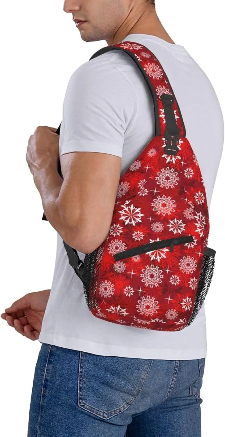 White Red Snowflakes Christmas Cross Chest Bag Diagonally Hiking Crossbody Bag Travel Shoulder Daypack Lightweight Sling Backpack Cycling Daypacks Fitness Chest Backpacks