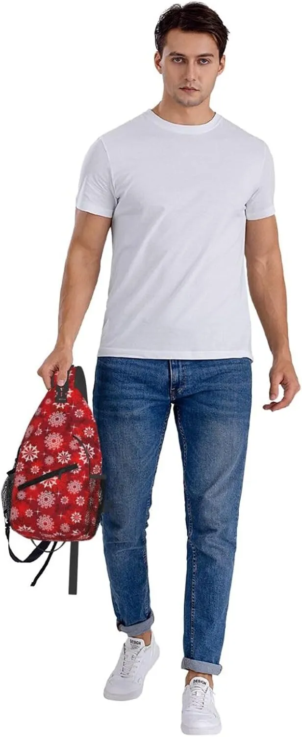 White Red Snowflakes Christmas Cross Chest Bag Diagonally Hiking Crossbody Bag Travel Shoulder Daypack Lightweight Sling Backpack Cycling Daypacks Fitness Chest Backpacks