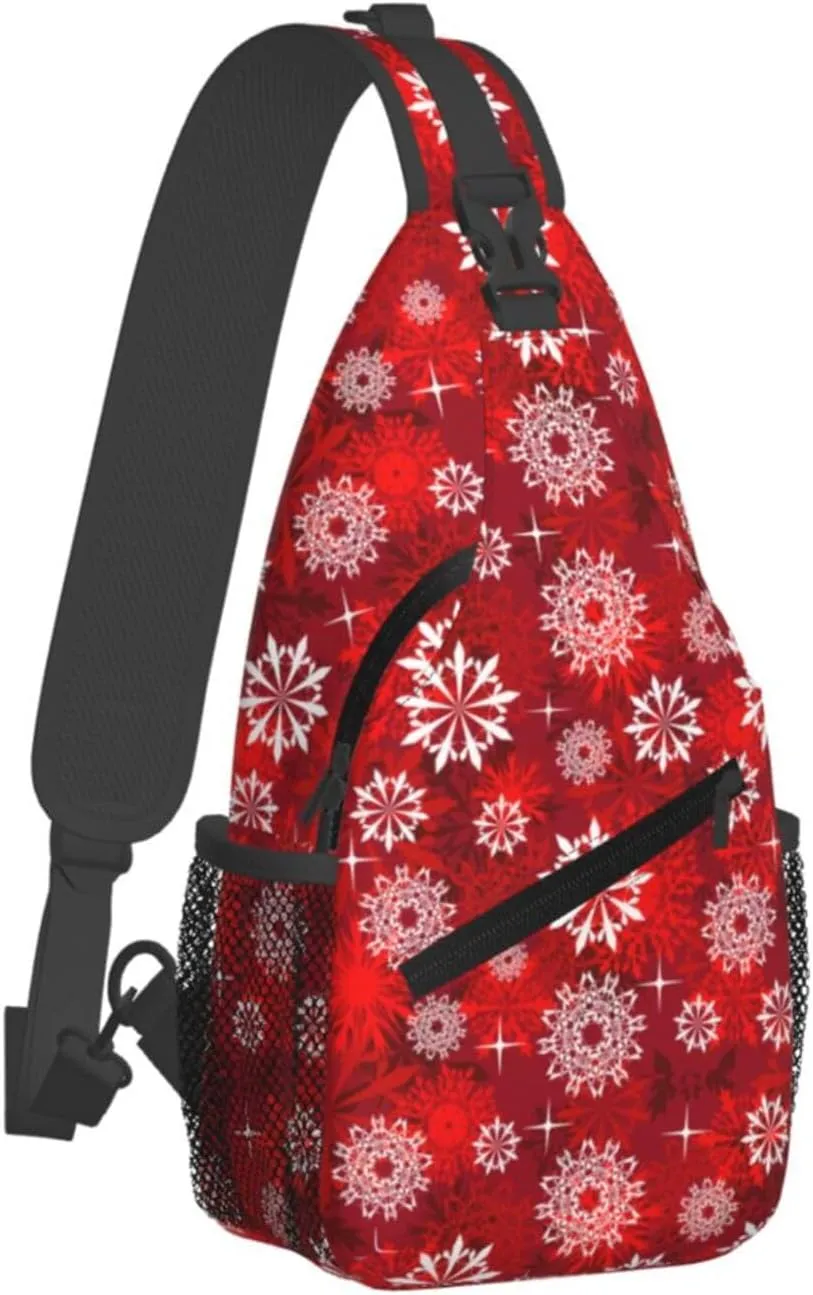 White Red Snowflakes Christmas Cross Chest Bag Diagonally Hiking Crossbody Bag Travel Shoulder Daypack Lightweight Sling Backpack Cycling Daypacks Fitness Chest Backpacks