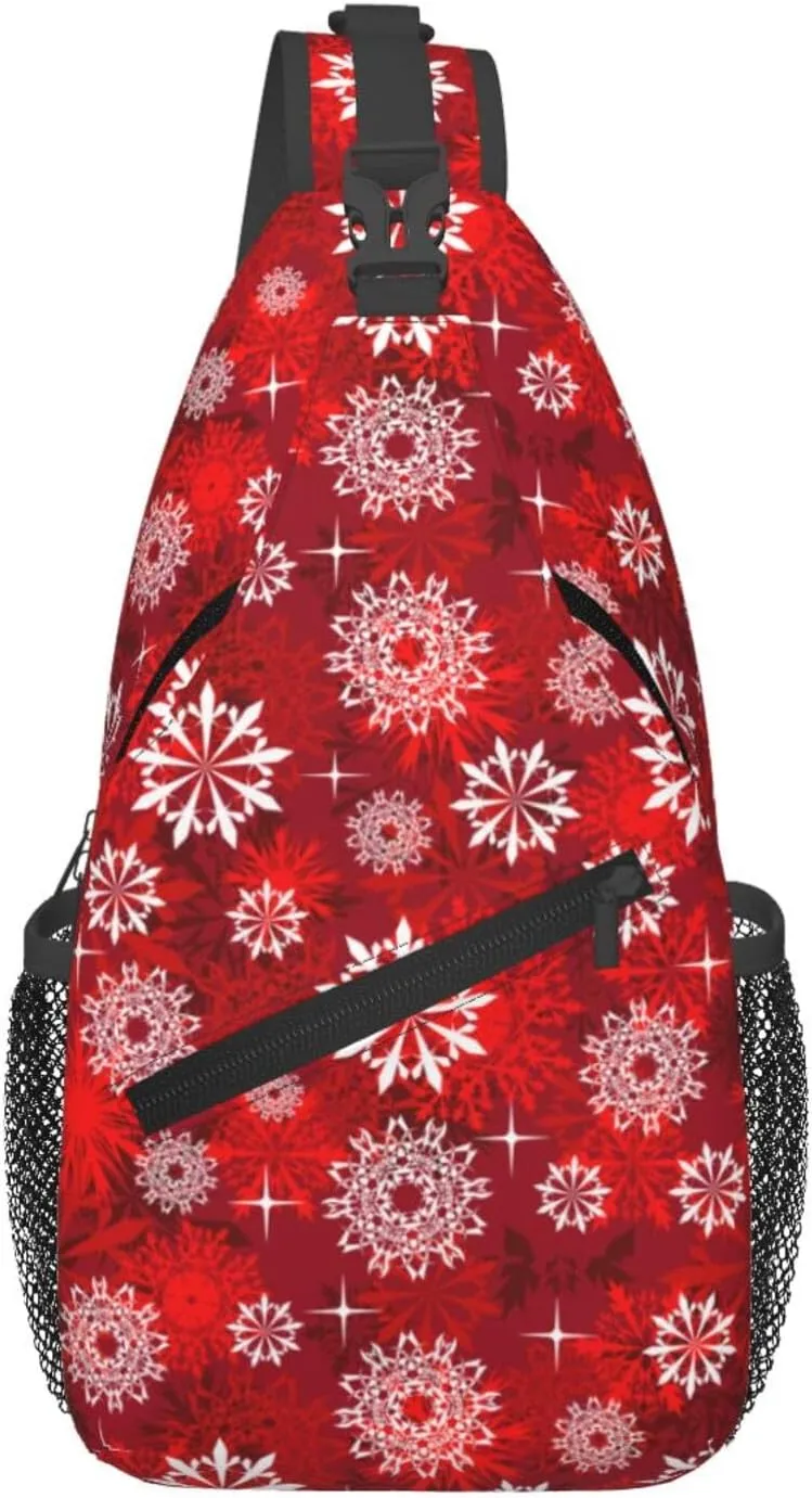White Red Snowflakes Christmas Cross Chest Bag Diagonally Hiking Crossbody Bag Travel Shoulder Daypack Lightweight Sling Backpack Cycling Daypacks Fitness Chest Backpacks