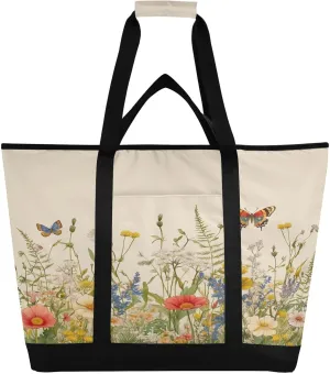 Wildflowers Butterfly Reusable Insulated Lunchbox Cooler Bag, Leakproof Kitchen Grocery Bag Collapsible Portable Cooler Tote Bag for Picnic, Camping, Office, Travel