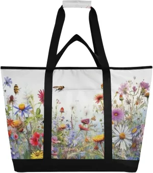 Wildflowers Reusable Insulated Lunchbox Cooler Bag, Leakproof Kitchen Grocery Bag Collapsible Portable Cooler Tote Bag for Picnic, Camping, Office, Travel