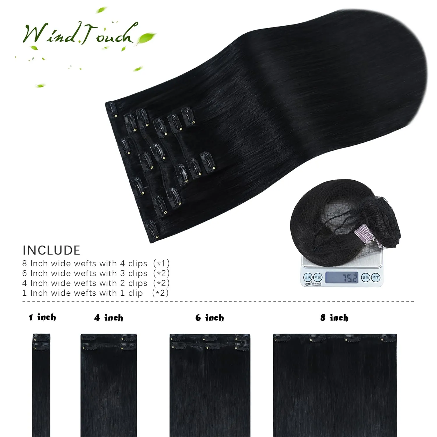 WindTouch Clip in Hair Extensions Real Human Hair #1 Jet Black Solid Black Hair Extensions Clip ins 12Inch 75g Straight Human Hair Clip in Extensions