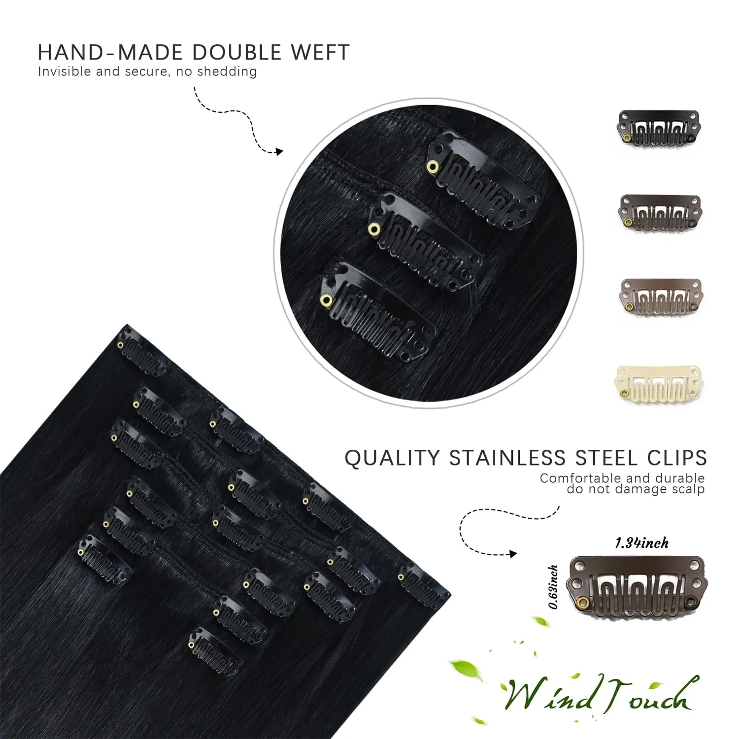 WindTouch Clip in Hair Extensions Real Human Hair #1 Jet Black Solid Black Hair Extensions Clip ins 12Inch 75g Straight Human Hair Clip in Extensions