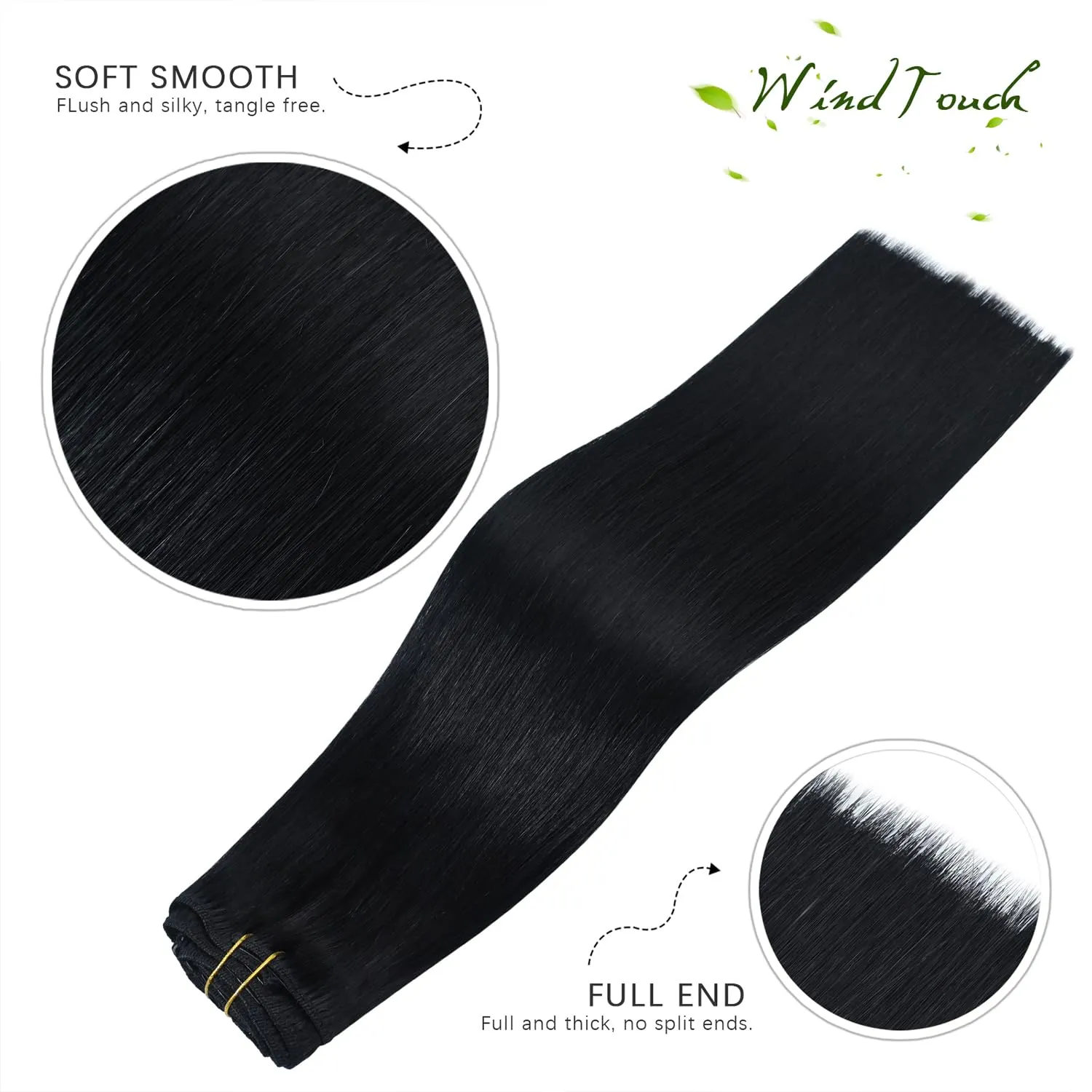 WindTouch Clip in Hair Extensions Real Human Hair #1 Jet Black Solid Black Hair Extensions Clip ins 12Inch 75g Straight Human Hair Clip in Extensions