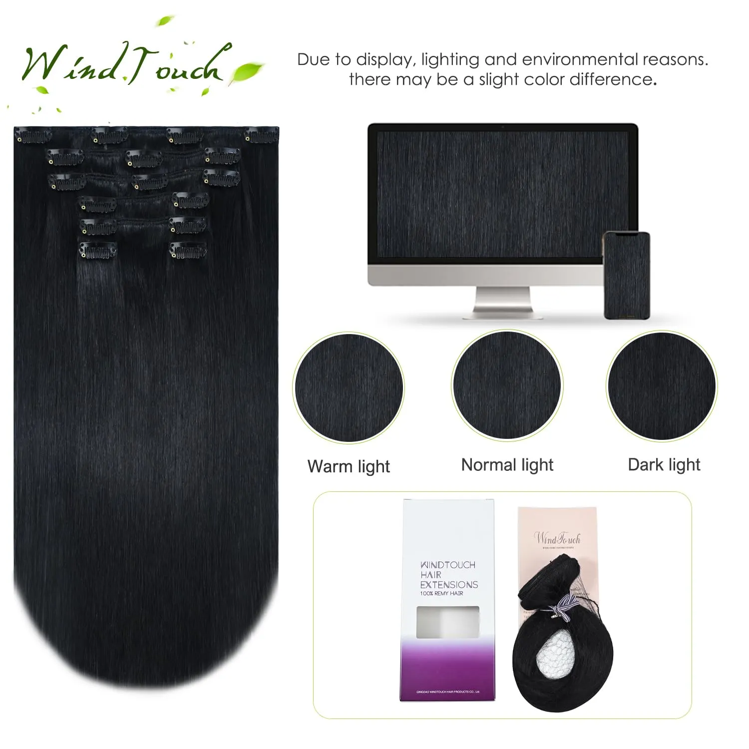 WindTouch Clip in Hair Extensions Real Human Hair #1 Jet Black Solid Black Hair Extensions Clip ins 12Inch 75g Straight Human Hair Clip in Extensions